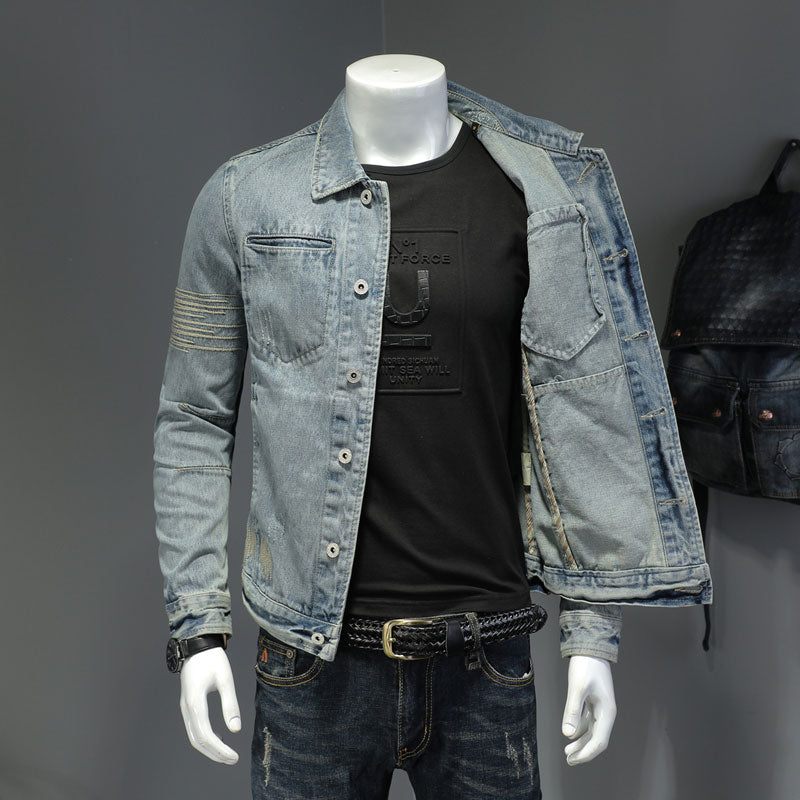 Vårjeansjacka Herr Denimrock Lapel Långärmad Bomber Motorcykel Retro Broderi Smal Streetwear Ytterkläder - Himmelsblå