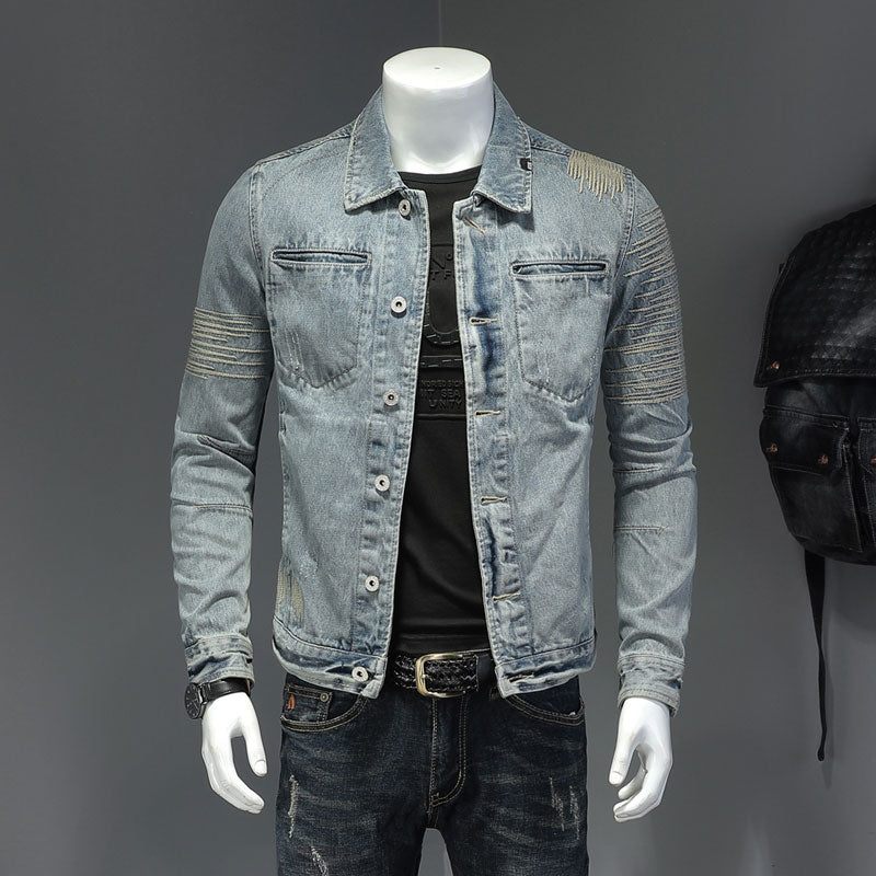 Vårjeansjacka Herr Denimrock Lapel Långärmad Bomber Motorcykel Retro Broderi Smal Streetwear Ytterkläder - Himmelsblå