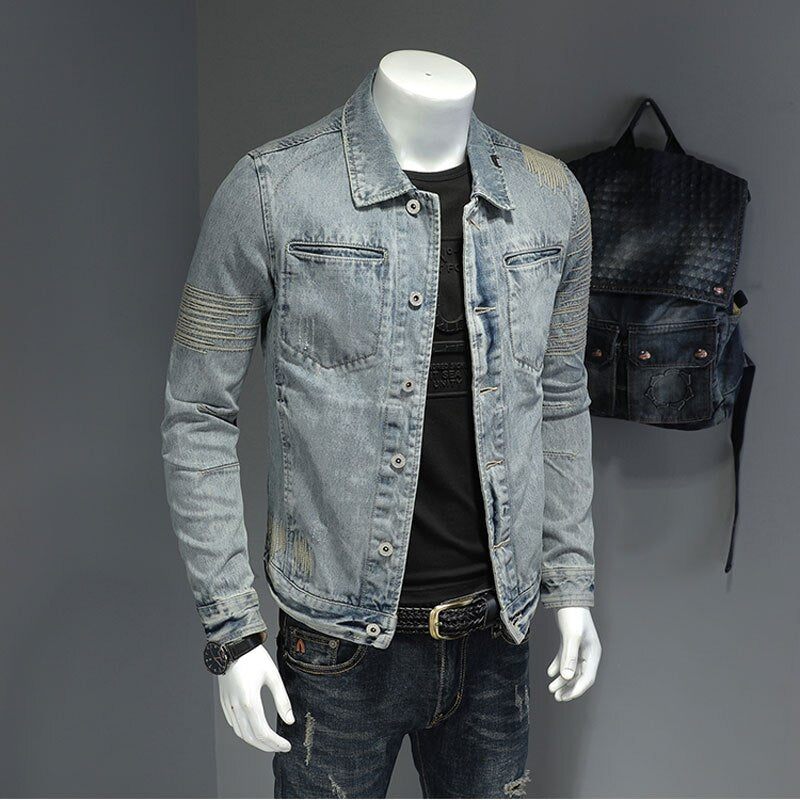 Vårjeansjacka Herr Denimrock Lapel Långärmad Bomber Motorcykel Retro Broderi Smal Streetwear Ytterkläder - Himmelsblå