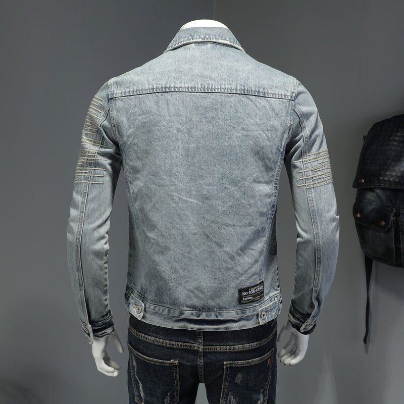 Vårjeansjacka Herr Denimrock Lapel Långärmad Bomber Motorcykel Retro Broderi Smal Streetwear Ytterkläder - Himmelsblå