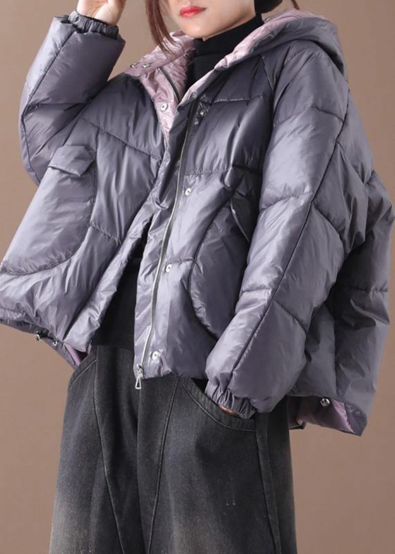 Varm Grå Parkas Plus Size Vinterhuva Tjock Kappa