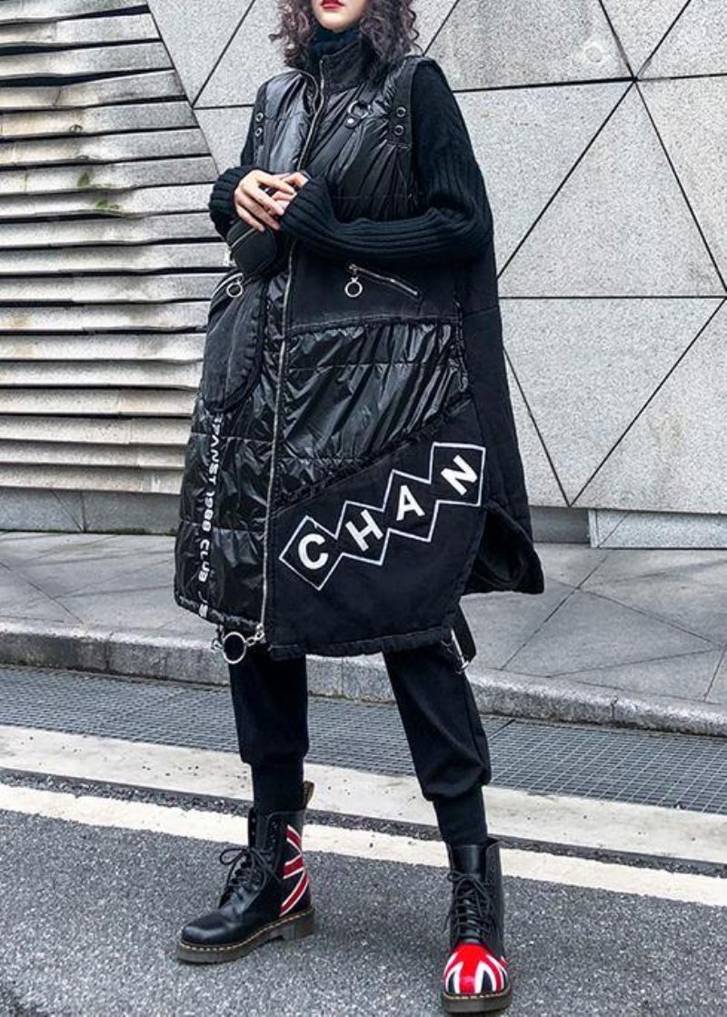 Varm Plus Size Varma Vinter Ytterkläder Svart Stativ Krage Ärmlös Patchwork Parkas - Dunjackor för kvinnor