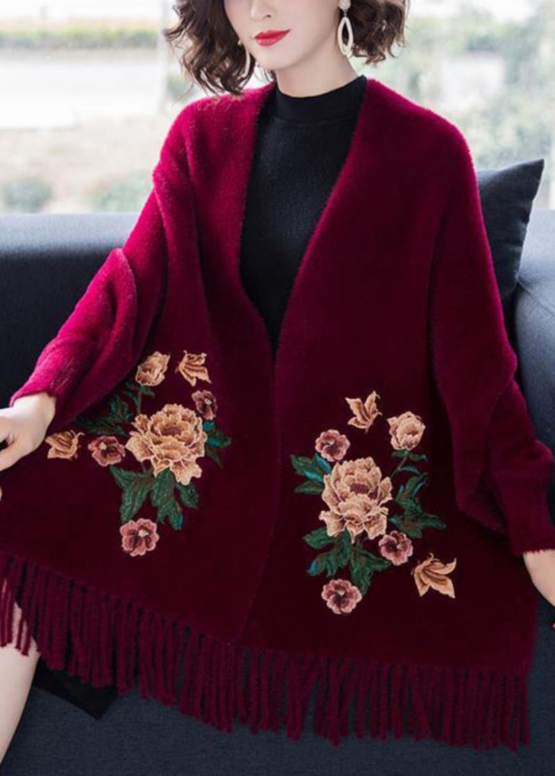 Vinröd Broderade Tofs Patchwork Mink Sammet Cardigans V-hals Lång Ärm - Koftor för kvinnor