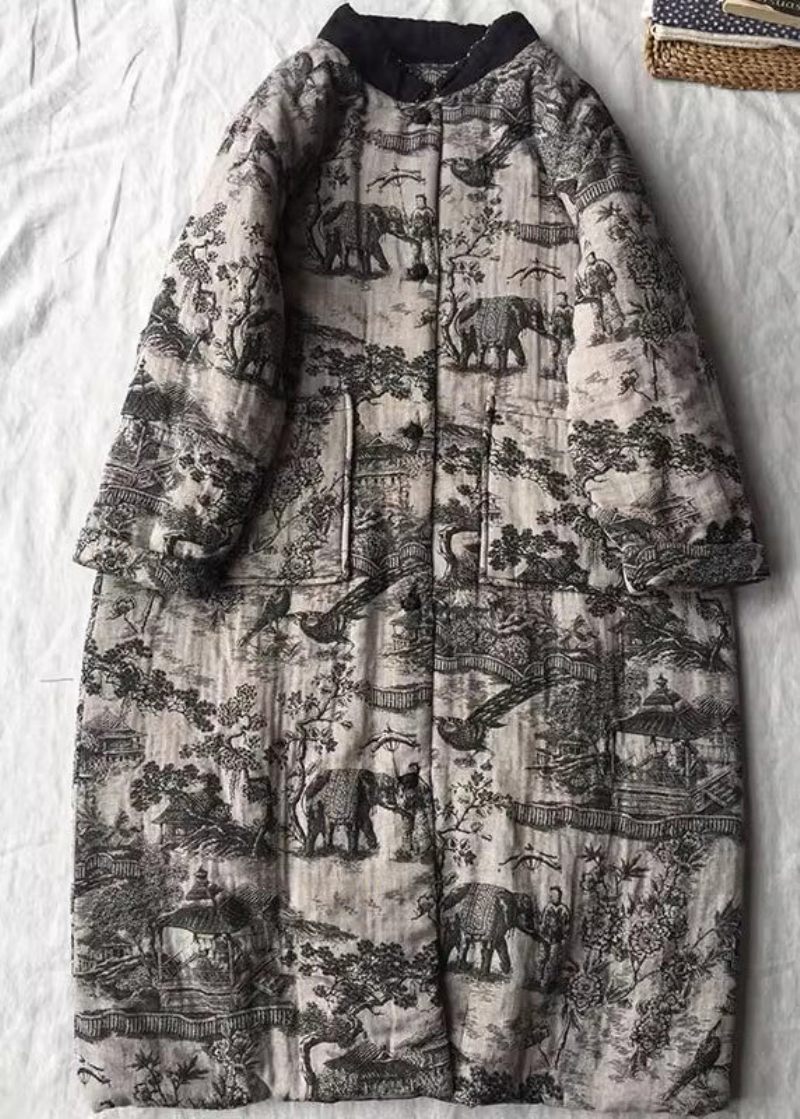 Vintage Aprikos Oversized Print Fin Bomullsfylld Långa Kappor Vinter