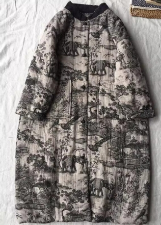 Vintage Aprikos Oversized Print Fin Bomullsfylld Långa Kappor Vinter