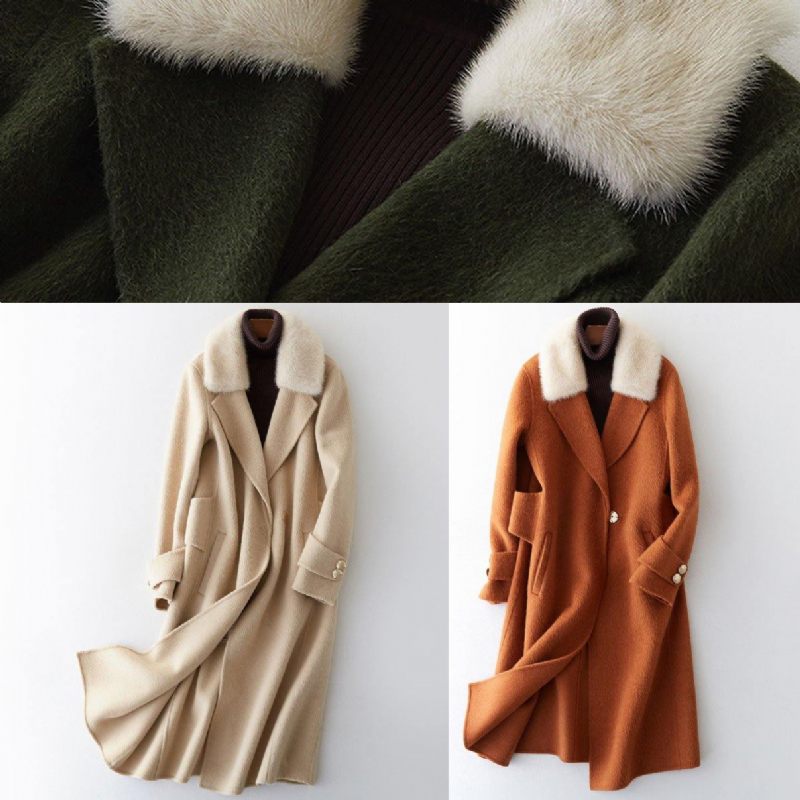 Vintage Armégrön Yllerockar Överdimensionerad Trenchcoat Pälskrage Damrockar Naggad - Trenchcoats för kvinnor