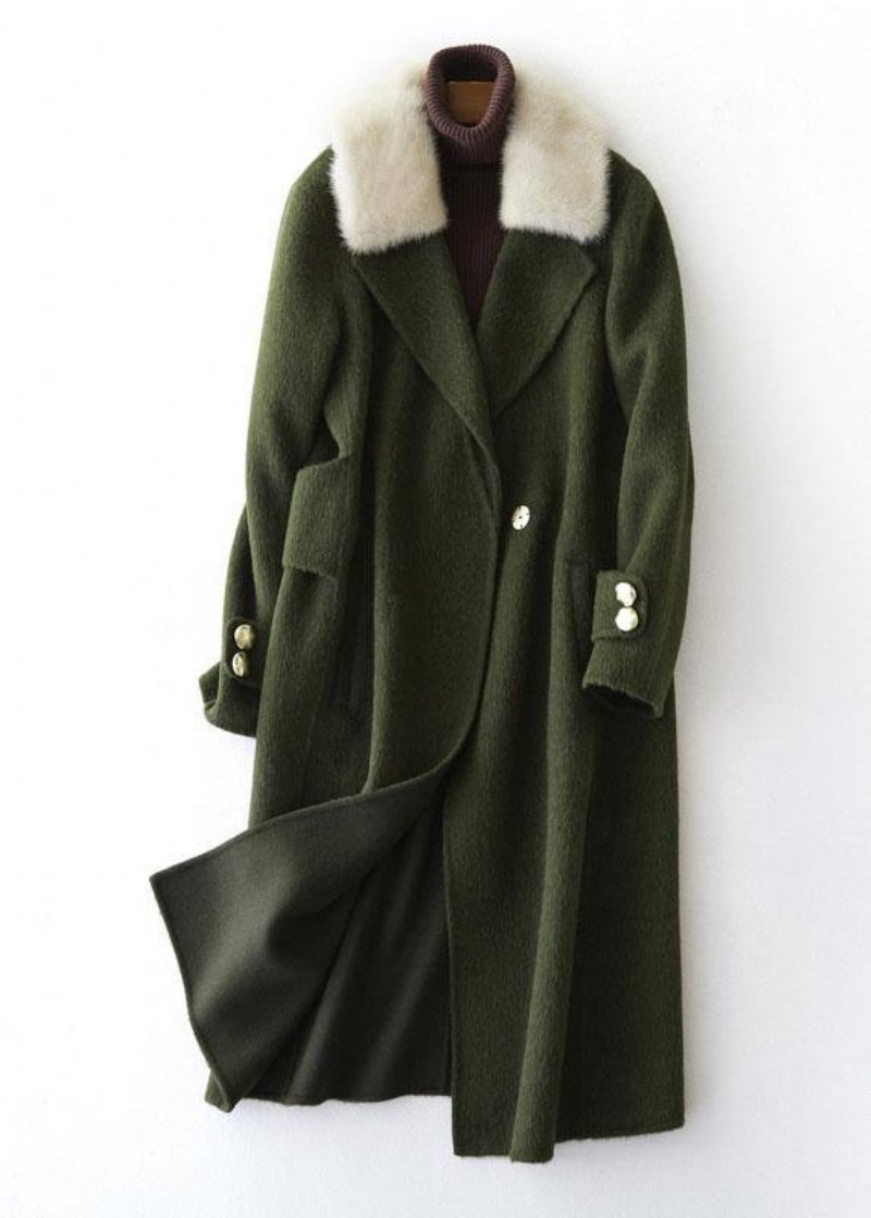 Vintage Armégrön Yllerockar Överdimensionerad Trenchcoat Pälskrage Damrockar Naggad