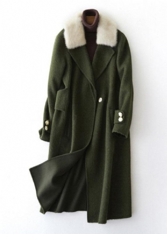 Vintage Armégrön Yllerockar Överdimensionerad Trenchcoat Pälskrage Damrockar Naggad