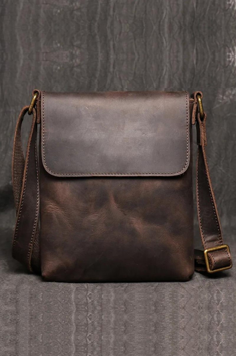 Vintage Axelväska Enkel Crossbody-väska Herrväska I Äkta Läder Stor Kapacitet Ipad-väska