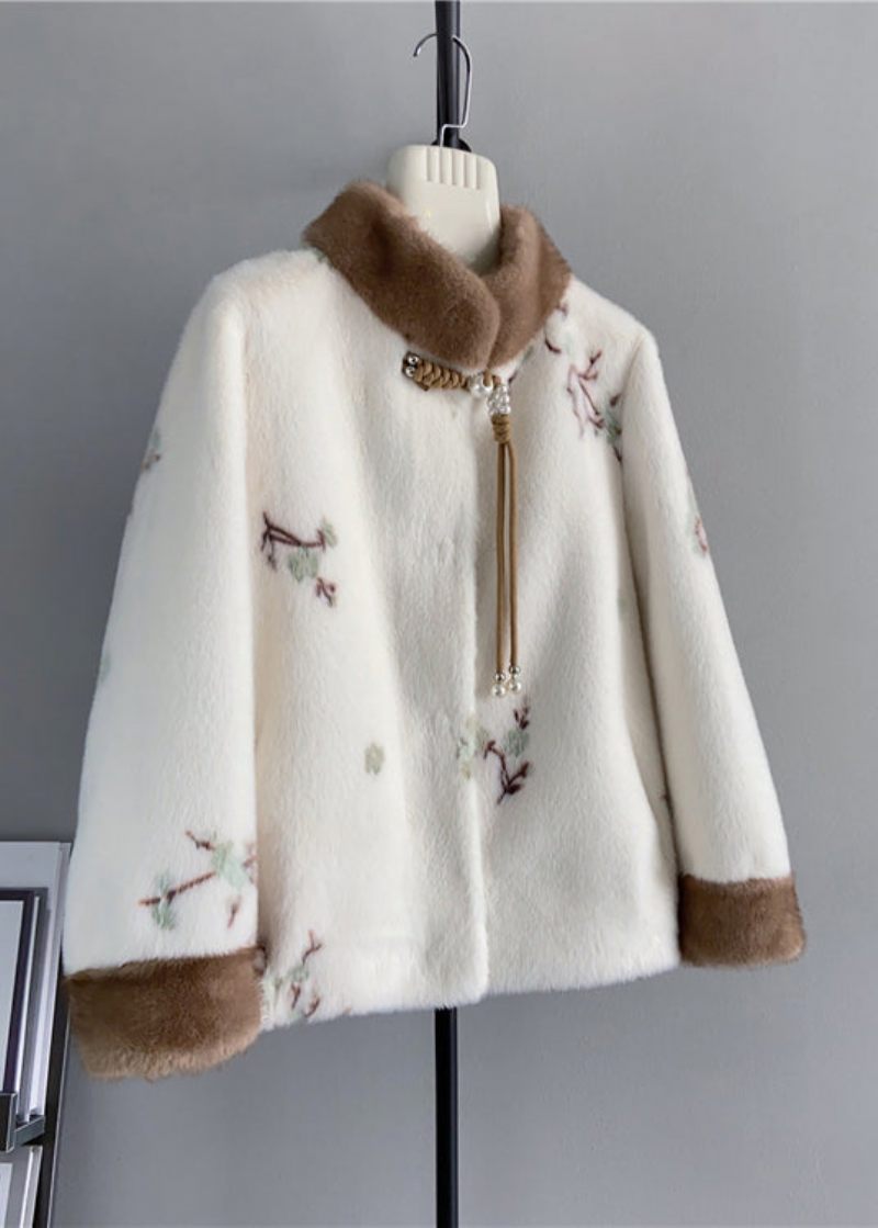 Vintage Beige Stativ Krage Tofs Broderade Mink Kashmir Jackor Vinter - Vinterkappor för kvinnor