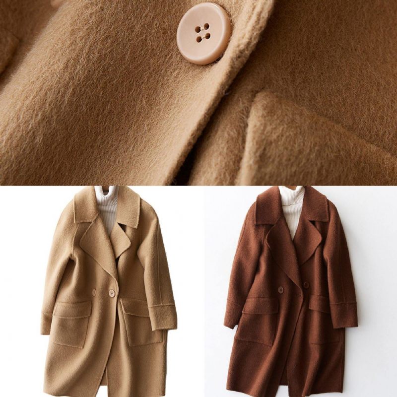 Vintage Beige Yllerock Dam Plus Size Medellånga Jackor Stora Fickor Ylle Ytterkläder Kavajkrage - Trenchcoats för kvinnor