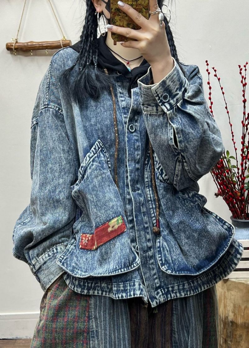 Vintage Blå Knappfickor Patchwork Denim Coat Fall