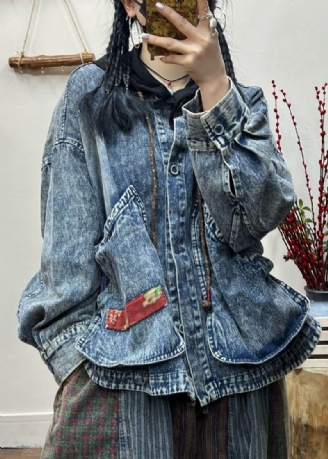 Vintage Blå Knappfickor Patchwork Denim Coat Fall