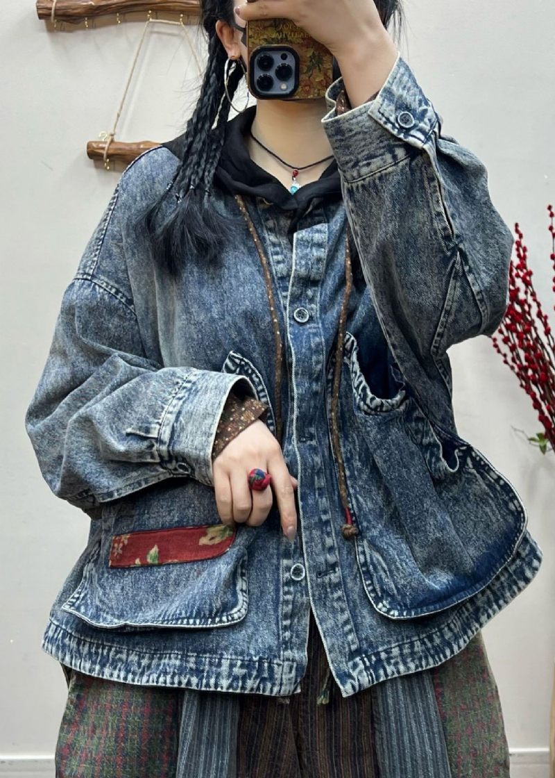 Vintage Blå Knappfickor Patchwork Denim Coat Fall - Vinterkappor för kvinnor