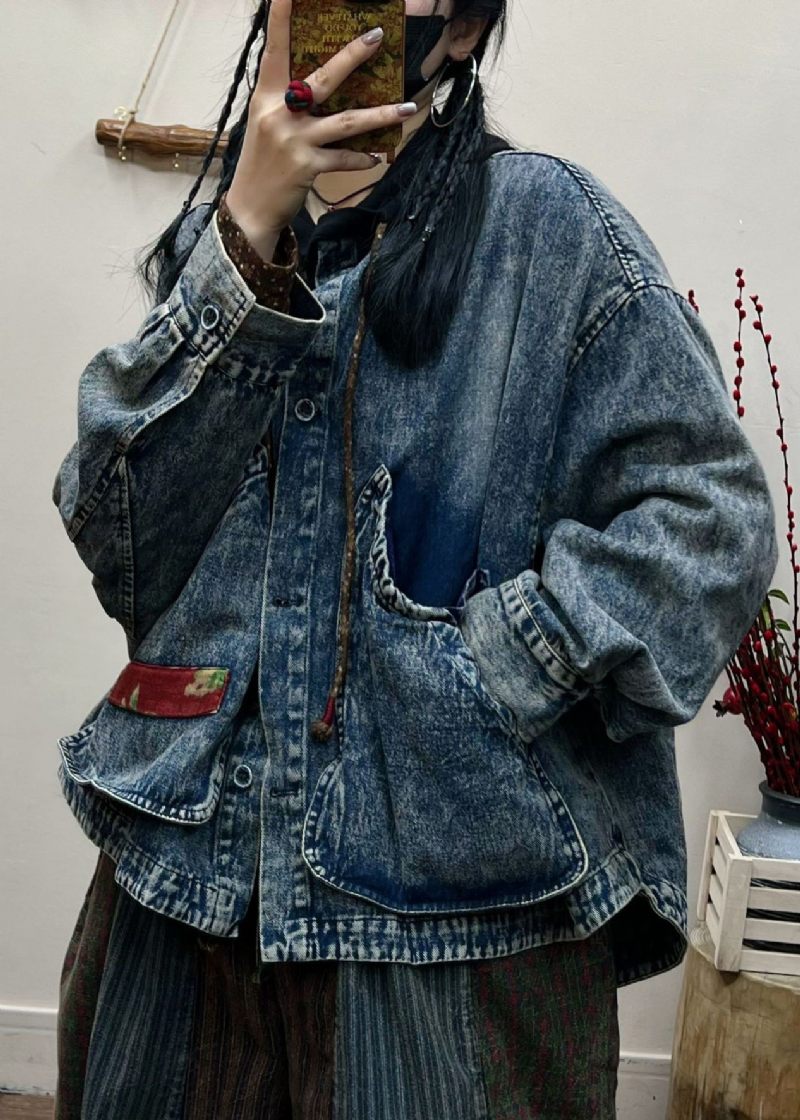 Vintage Blå Knappfickor Patchwork Denim Coat Fall - Vinterkappor för kvinnor