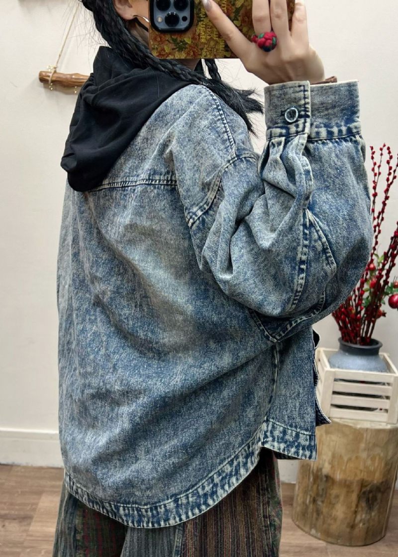 Vintage Blå Knappfickor Patchwork Denim Coat Fall - Vinterkappor för kvinnor