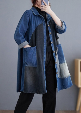 Vintage Blå Knappfickor Patchwork Denim Trench Coat Fall