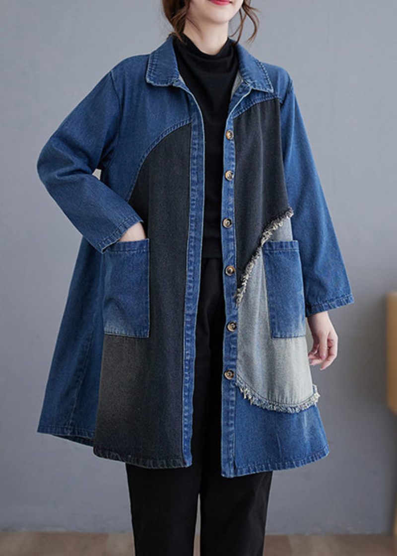 Vintage Blå Knappfickor Patchwork Denim Trench Coat Fall - Trenchcoats för kvinnor