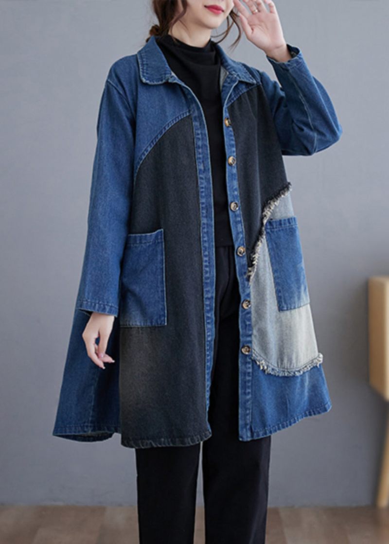 Vintage Blå Knappfickor Patchwork Denim Trench Coat Fall - Trenchcoats för kvinnor