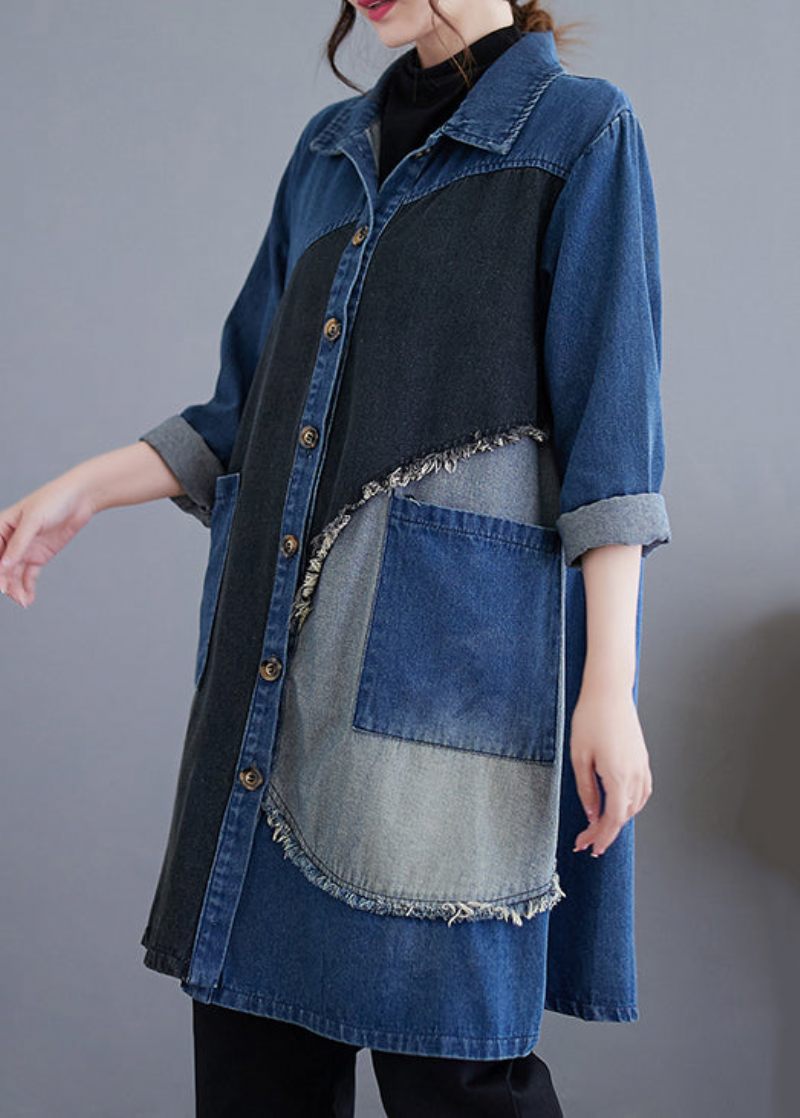 Vintage Blå Knappfickor Patchwork Denim Trench Coat Fall - Trenchcoats för kvinnor