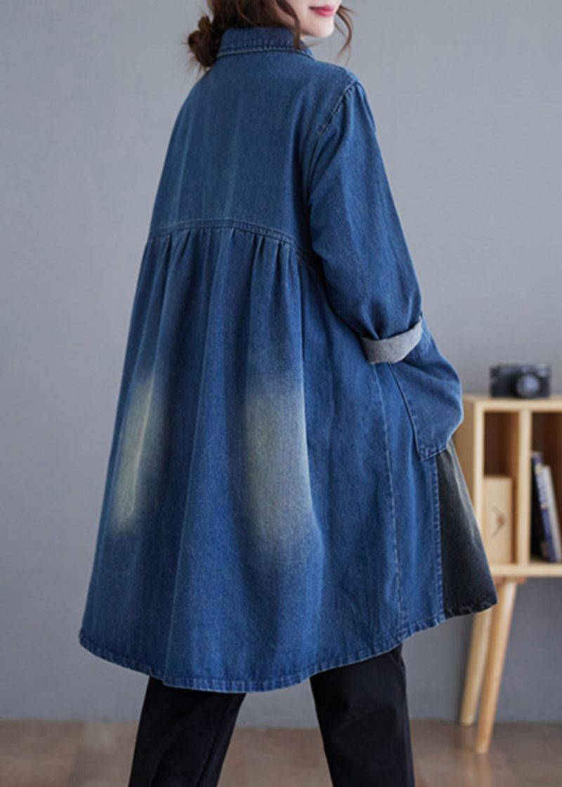 Vintage Blå Knappfickor Patchwork Denim Trench Coat Fall - Trenchcoats för kvinnor