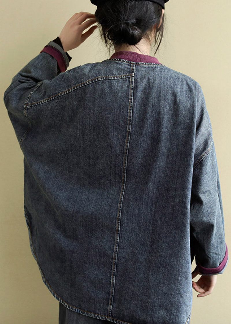 Vintage Blå O-hals Patchwork Låg Hög Design Bomull Jeansrockar Våren - Vinterkappor för kvinnor