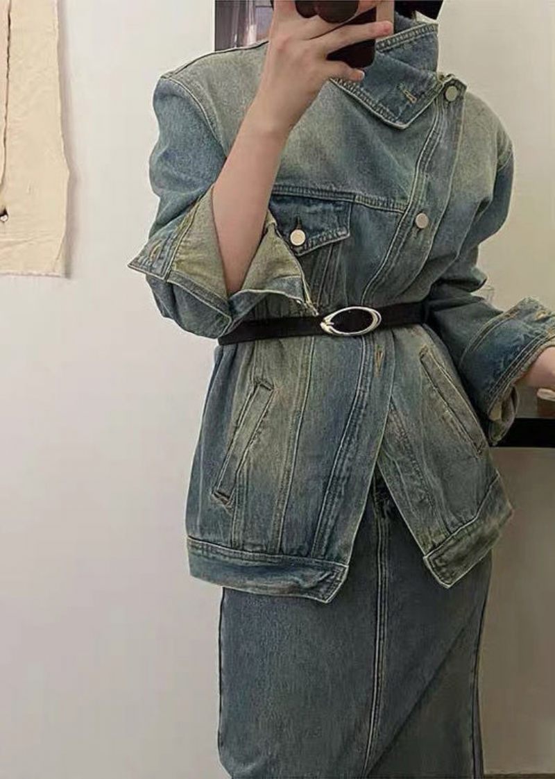 Vintage Blå Patchwork Button Sashes Denimrockar Fall - Vinterkappor för kvinnor