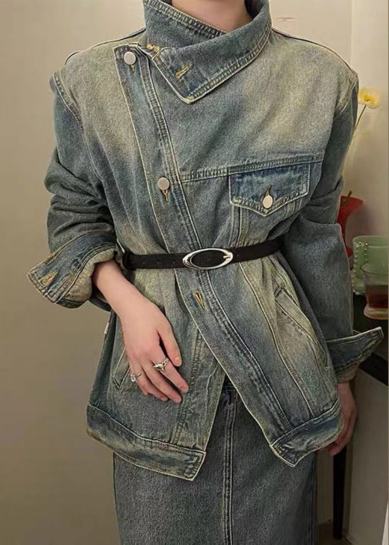 Vintage Blå Patchwork Button Sashes Denimrockar Fall - Vinterkappor för kvinnor