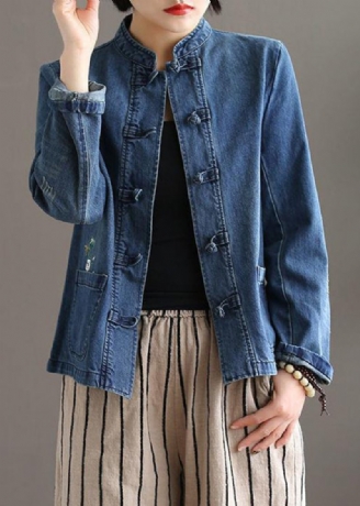 Vintage Blå Stativ Krage Patchwork Knappfickor Bomull Denim Coat Långärmad