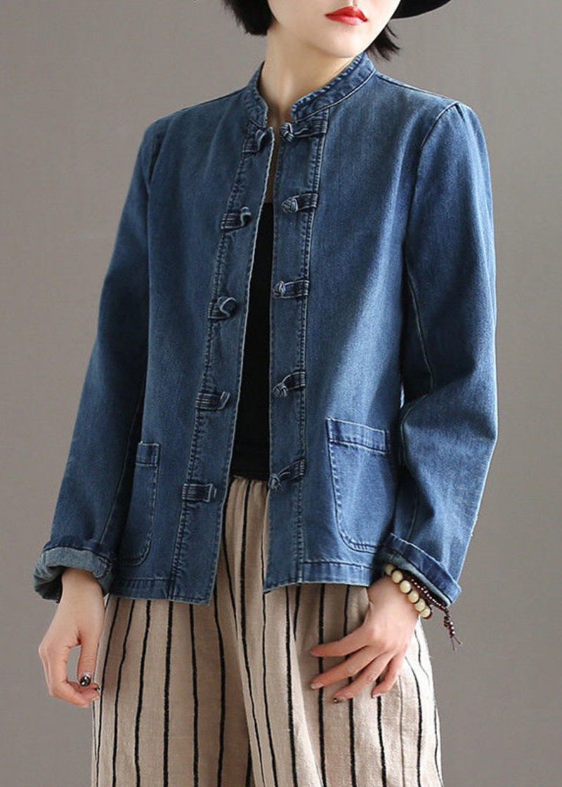 Vintage Blå Stativ Krage Patchwork Knappfickor Bomull Denim Coat Långärmad - Vinterkappor för kvinnor