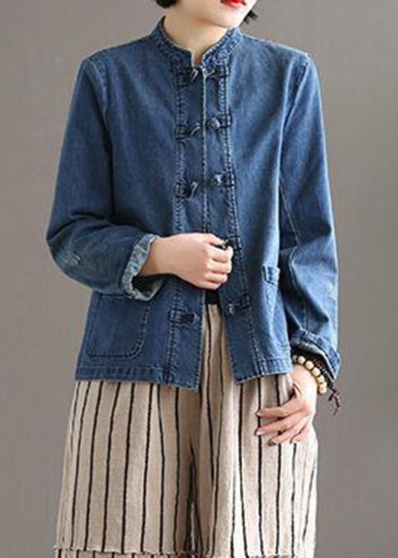 Vintage Blå Stativ Krage Patchwork Knappfickor Bomull Denim Coat Långärmad - Vinterkappor för kvinnor