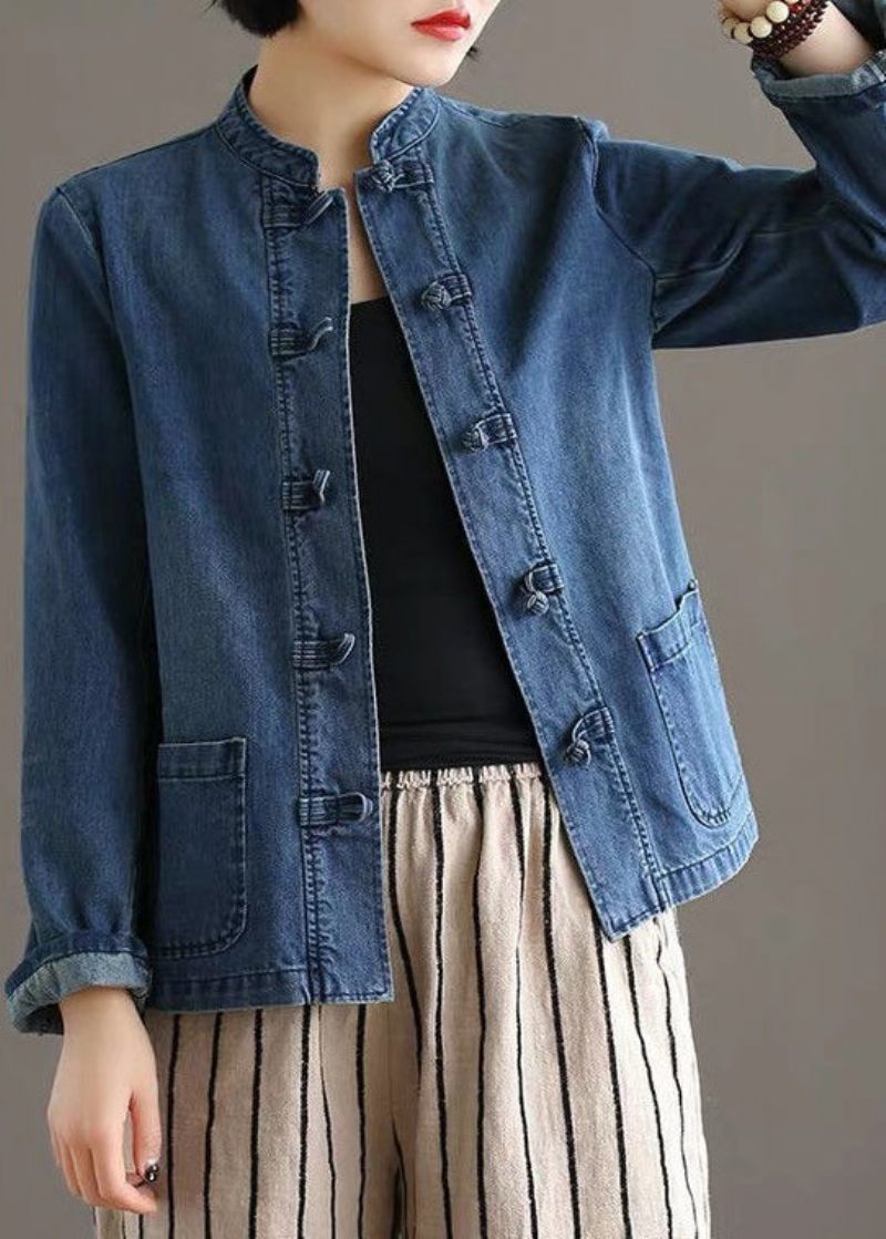 Vintage Blå Stativ Krage Patchwork Knappfickor Bomull Denim Coat Långärmad - Vinterkappor för kvinnor