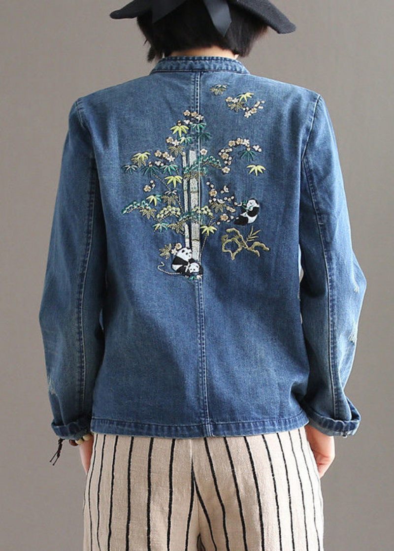 Vintage Blå Stativ Krage Patchwork Knappfickor Bomull Denim Coat Långärmad - Vinterkappor för kvinnor