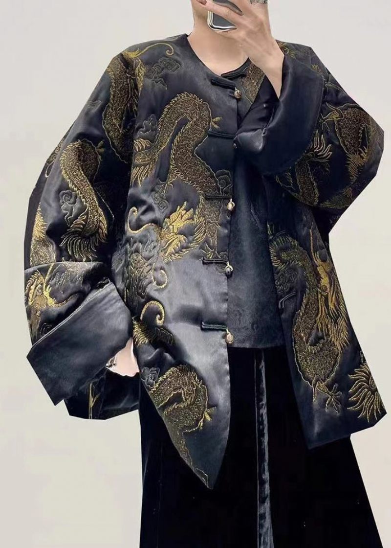 Vintage Black Dragon Broderade Oversized Kinesisk Button Silk Coats Fall