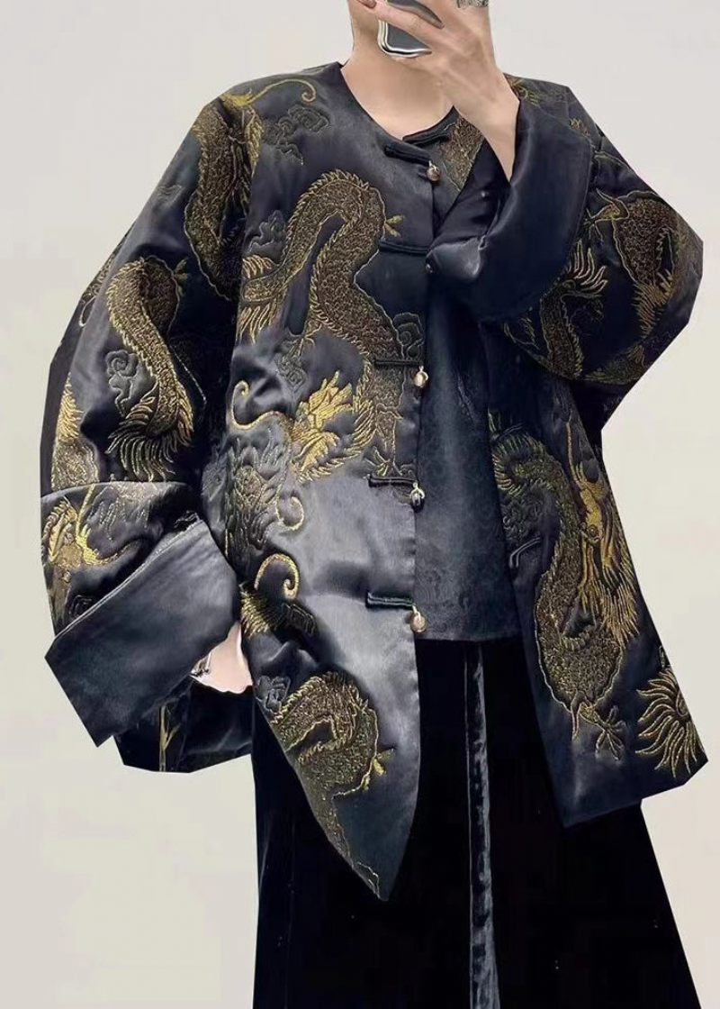 Vintage Black Dragon Broderade Oversized Kinesisk Button Silk Coats Fall - Vinterkappor för kvinnor