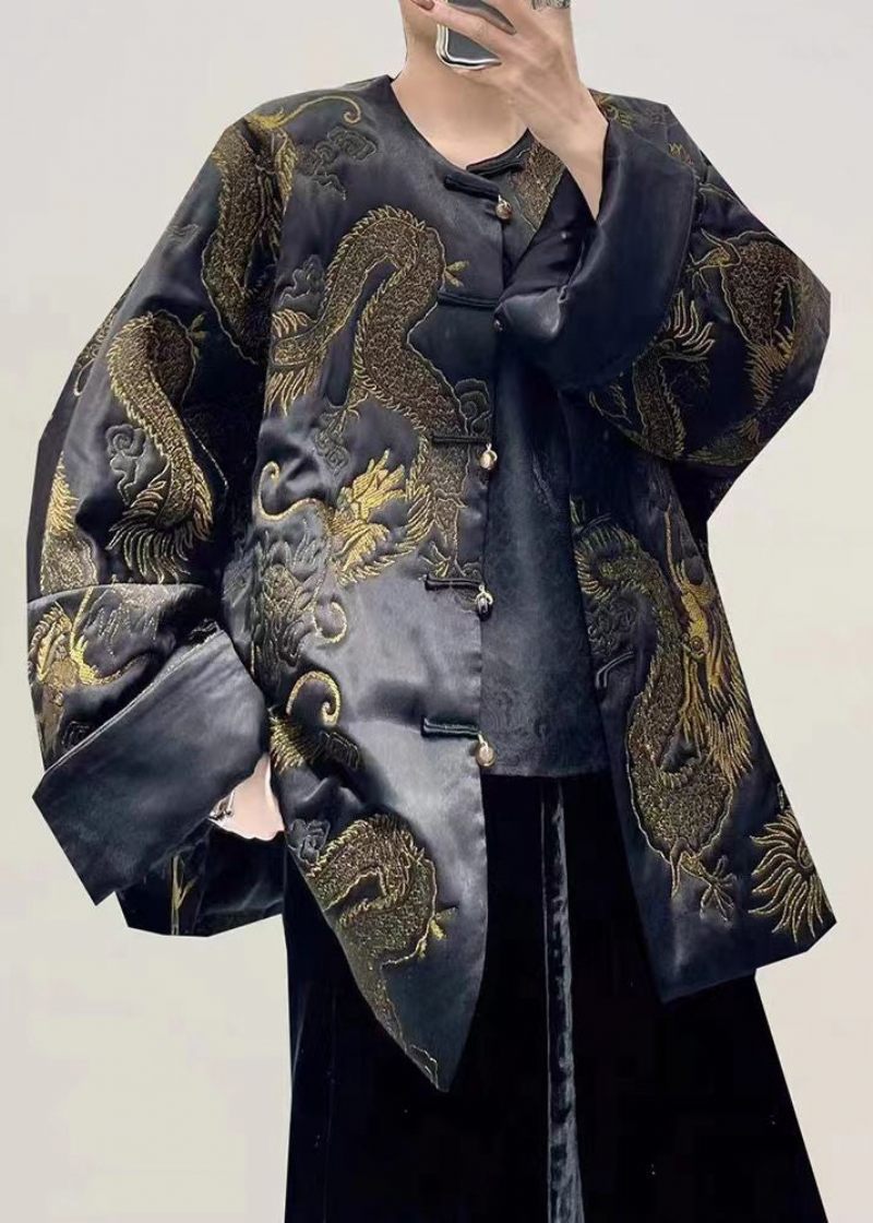 Vintage Black Dragon Broderade Oversized Kinesisk Button Silk Coats Fall - Vinterkappor för kvinnor