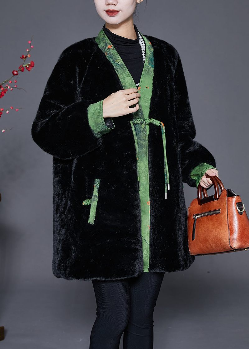 Vintage Black Oversized Patchwork Mink Velvet Coats Winter - Vinterkappor för kvinnor