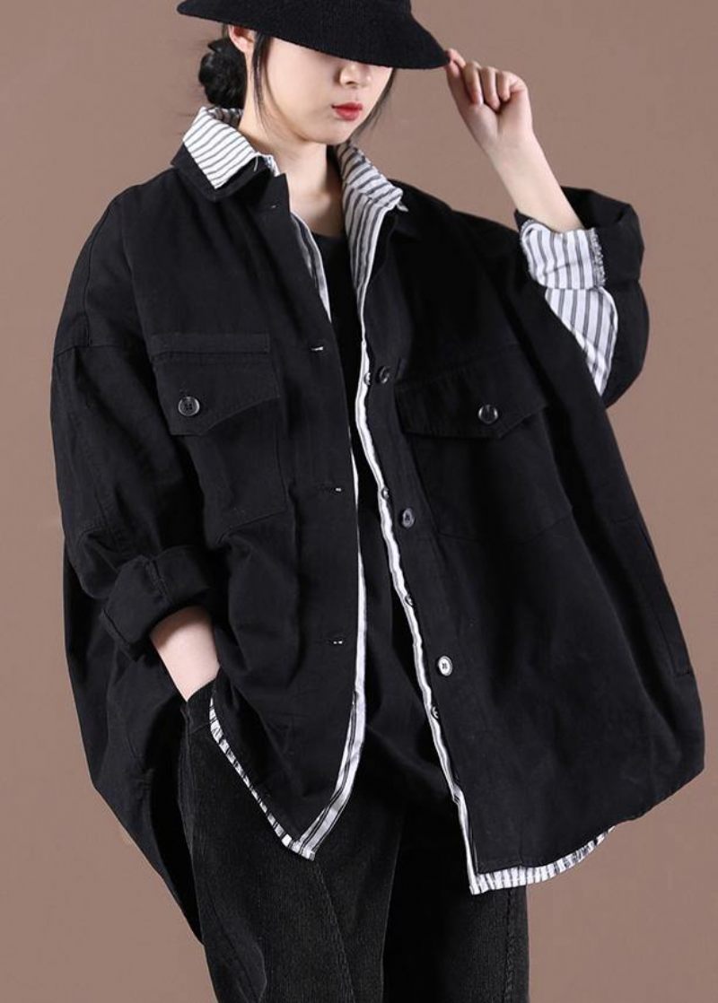 Vintage Black Pockets Coat Spring - Svart