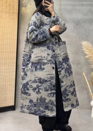 Vintage Blåtrycksfickor Bomullsfylld Lång Trenchcoat Långärmad