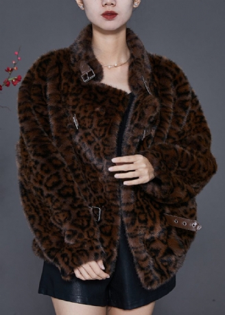 Vintage Brun Oversized Leopard Print Mink Velvet Jackor Spring