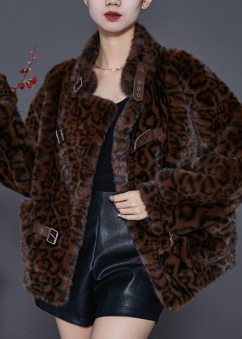 Vintage Brun Oversized Leopard Print Mink Velvet Jackor Spring - Vinterkappor för kvinnor