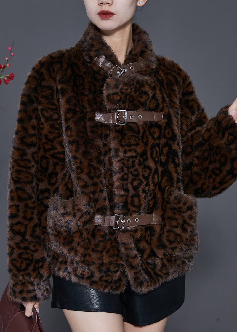 Vintage Brun Oversized Leopard Print Mink Velvet Jackor Spring - Vinterkappor för kvinnor