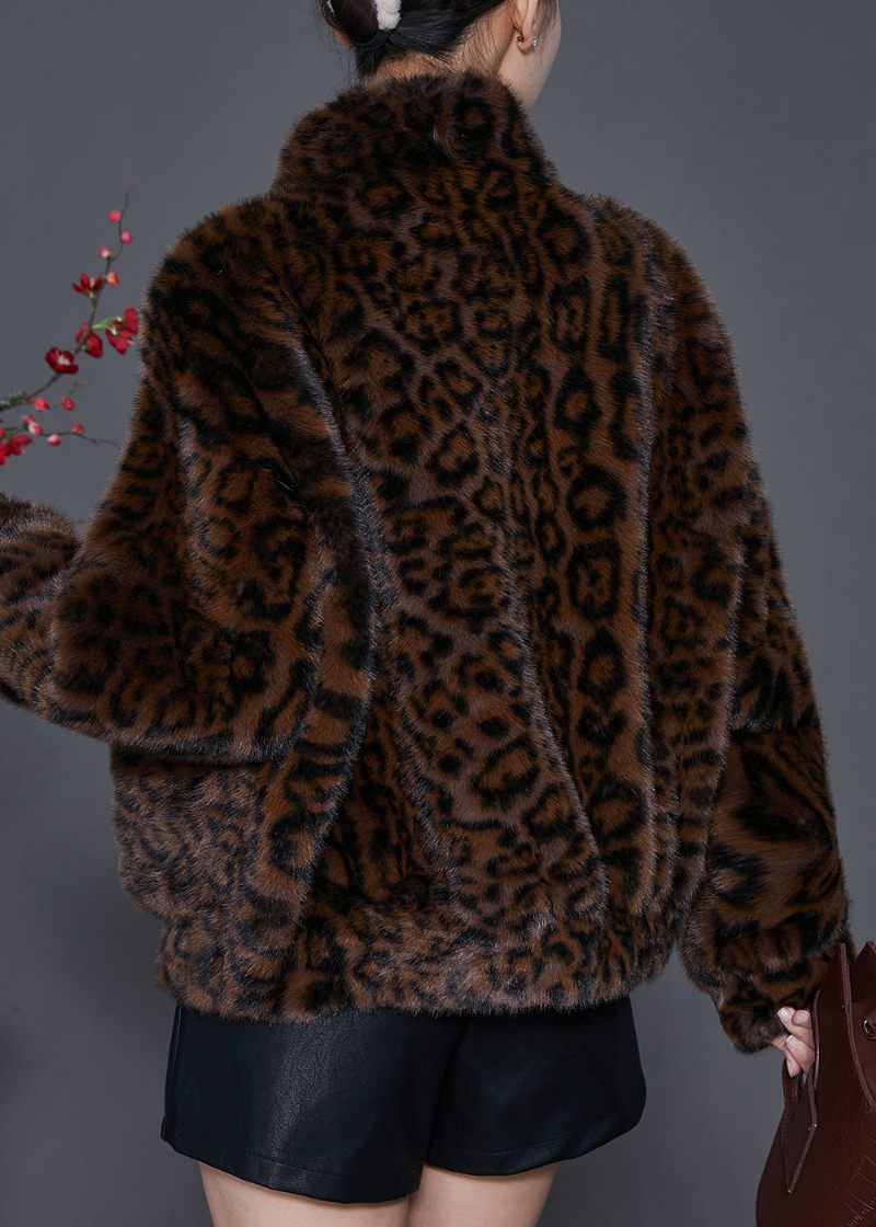 Vintage Brun Oversized Leopard Print Mink Velvet Jackor Spring - Vinterkappor för kvinnor