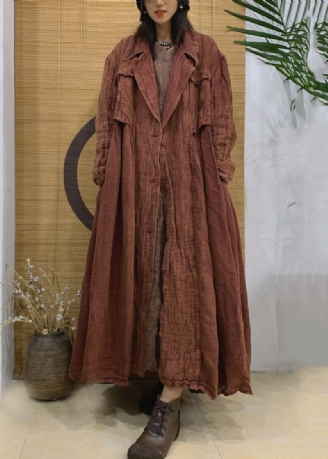 Vintage Caramel Notched Button Linne Trench Coat Spring