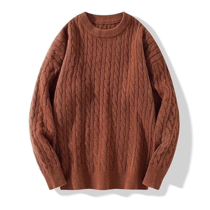 Vintage Casual Stickad Tröja Herr Tjock Varm Lös Pullover Jumper Vintertröja - Brun