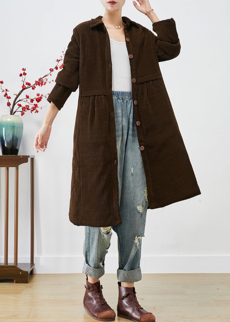 Vintage Choklad Varm Fin Bomullsfylld Corduroy Trenchcoats Vinter