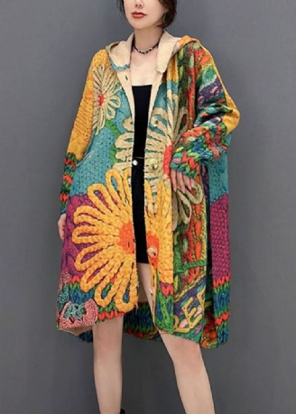 Vintage Colorblock Hooded Print Knit Loose Coats Fall