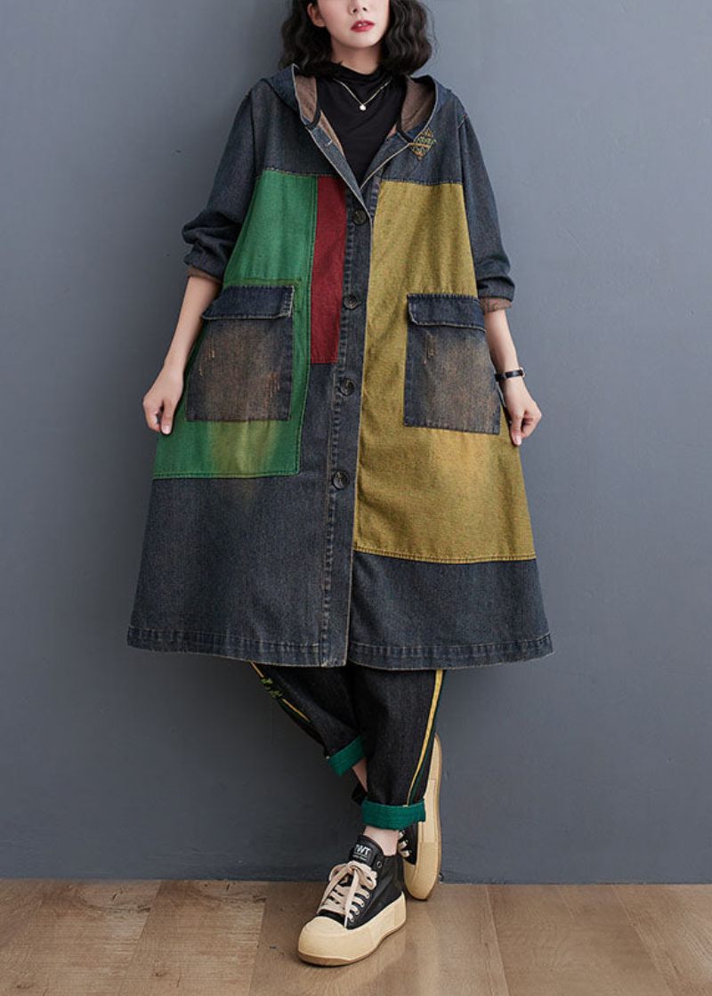 Vintage Colorblock Patchwork Button Hooded Denim Trench Coat Långärmad