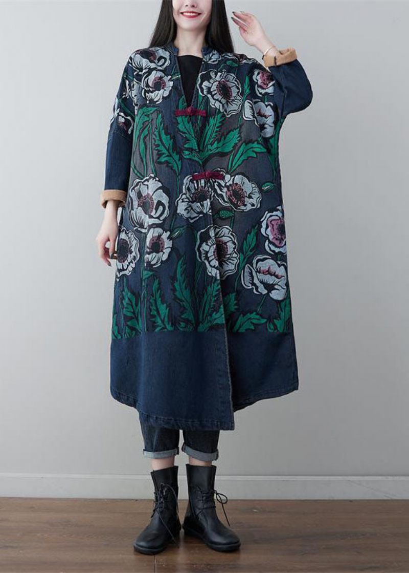 Vintage Denim Blå V-hals Patchwork Print Bomull Coats Spring