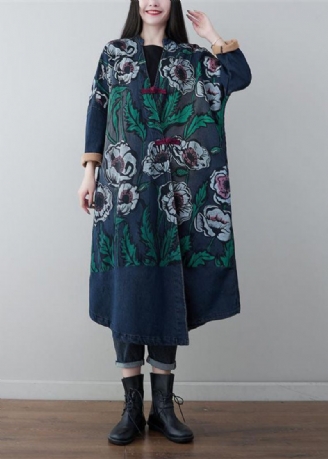 Vintage Denim Blå V-hals Patchwork Print Bomull Coats Spring